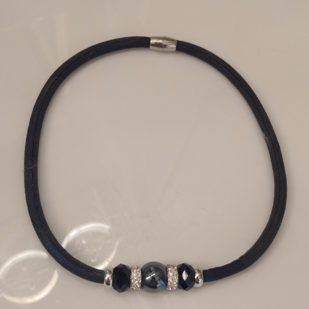 Navy Blue Cord Necklace with Beads,  17 inches